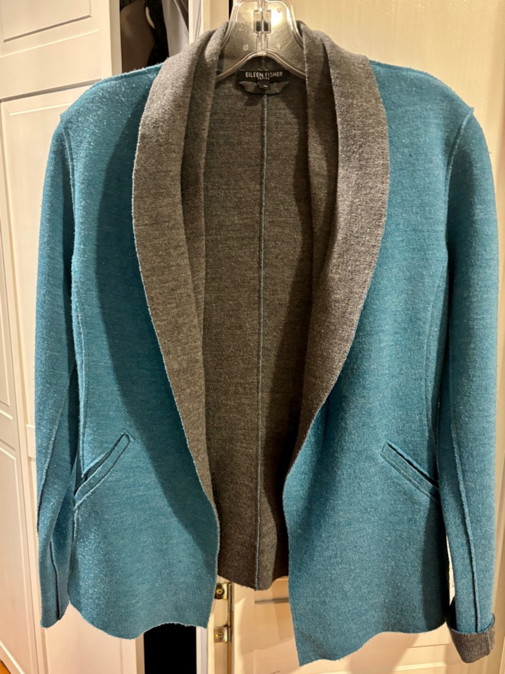 Eileen Fisher Gray Cardigan with Teal Stitching